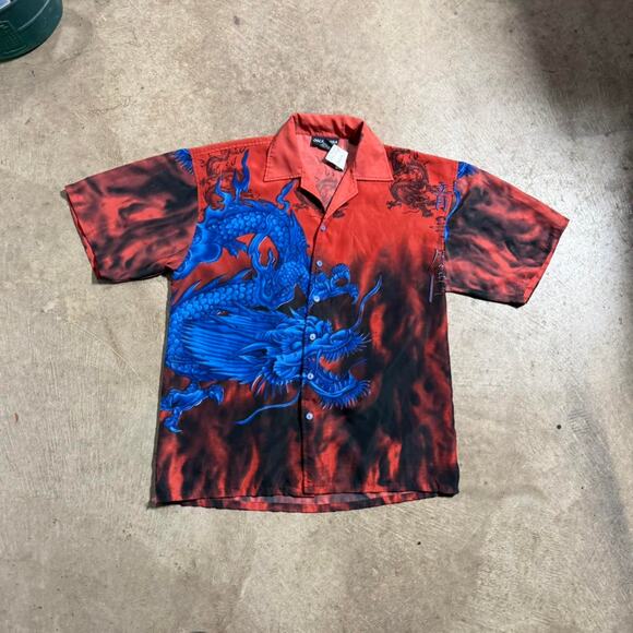 Vintage VTG Y2K Dragon AOP Short Sleeve Button Down Shirt - Picture 3 of 8